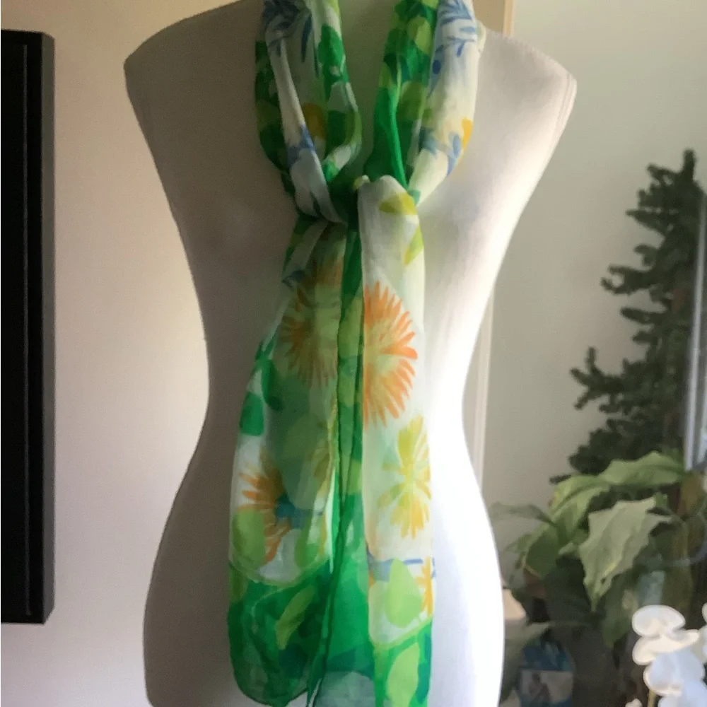 Elaine Gold Sheer Floral Green and Yellow Oblong Scarf